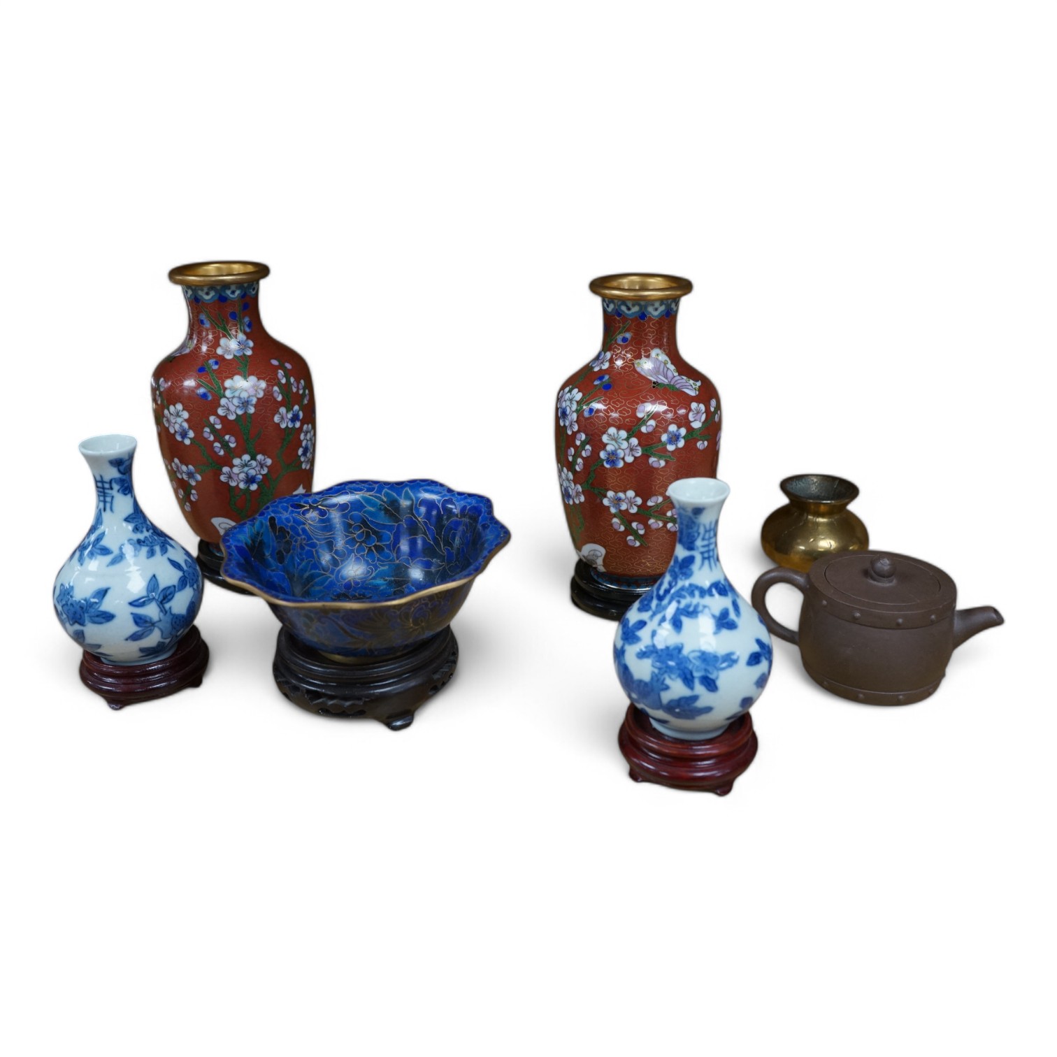 A collection of Chinese collectibles including cloisonné, yixing, etc. vases 18cm high. Condition - all appear good